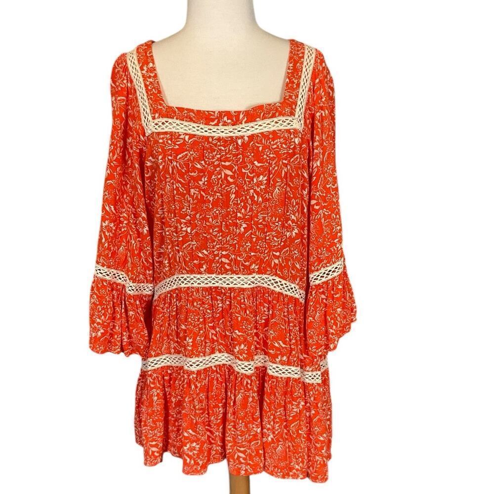 Free People Size Large Orange Boho Print Tunic Top Blouse W Ivory Crochet Trim